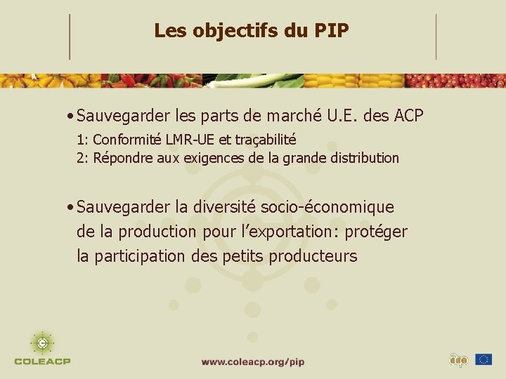 Les objectifs du PIP • Sauvegarder les parts de marché U. E. des ACP