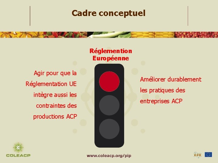 Cadre conceptuel Réglemention Européenne Agir pour que la Réglementation UE intègre aussi les contraintes