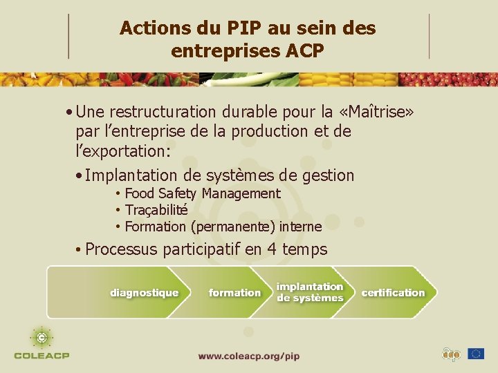 Actions du PIP au sein des entreprises ACP • Une restructuration durable pour la