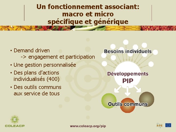 Un fonctionnement associant: macro et micro spécifique et générique • Demand driven -> engagement