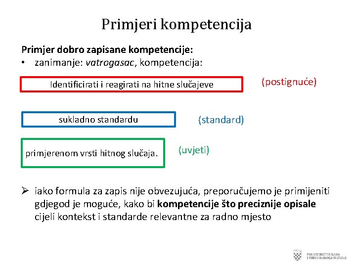 Primjeri kompetencija Primjer dobro zapisane kompetencije: • zanimanje: vatrogasac, kompetencija: Ø Identificirati i reagirati