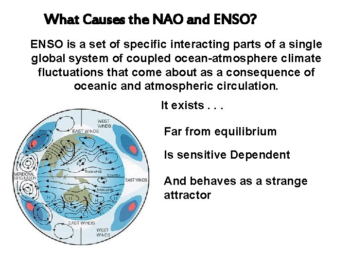 What Causes the NAO and ENSO? ENSO is a set of specific interacting parts