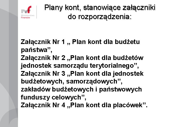 Plany kont, stanowiące załączniki do rozporządzenia: Załącznik Nr 1 „ Plan kont dla budżetu