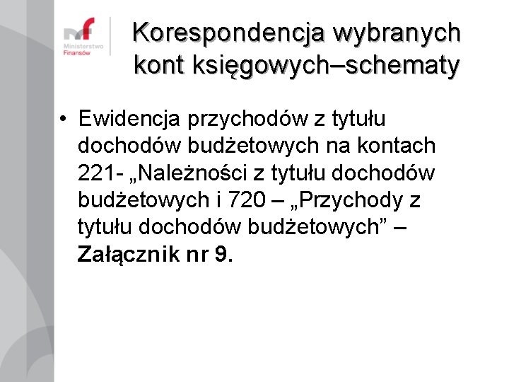 Korespondencja wybranych kont księgowych–schematy • Ewidencja przychodów z tytułu dochodów budżetowych na kontach 221