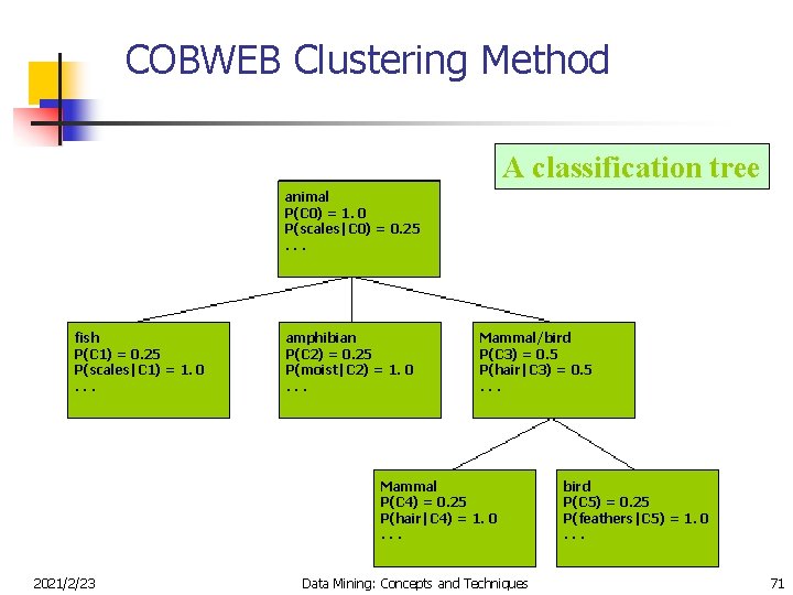 COBWEB Clustering Method A classification tree animal P(C 0) = 1. 0 P(scales|C 0)