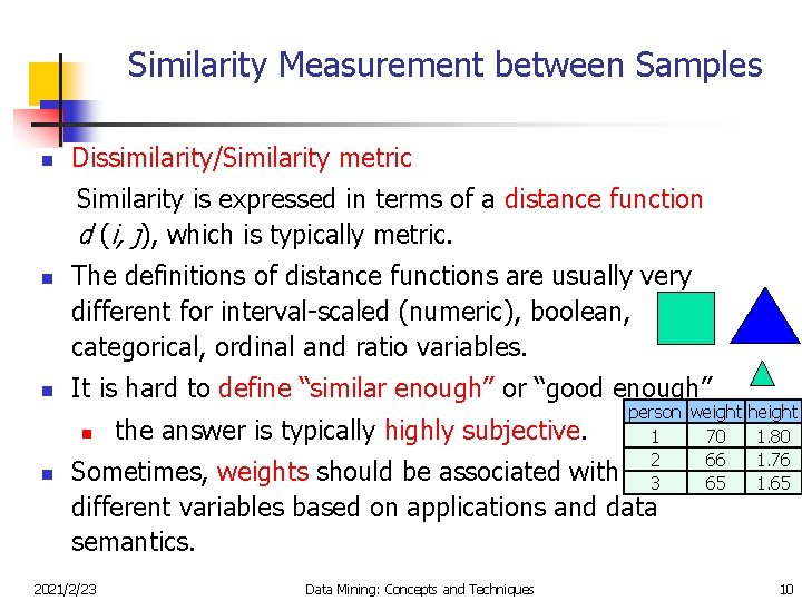 Similarity Measurement between Samples n Dissimilarity/Similarity metric Similarity is expressed in terms of a