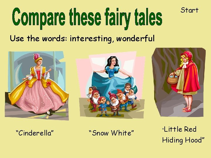 Start Use the words: interesting, wonderful “Cinderella” “Snow White” “Little Red Hiding Hood” 