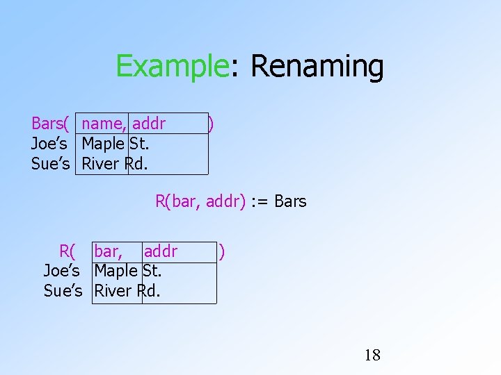 Example: Renaming Bars( name, addr Joe’s Maple St. Sue’s River Rd. ) R(bar, addr)