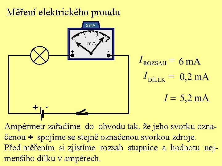 Měření elektrického proudu + + 2 m. A 3 0 1 - - Ampérmetr