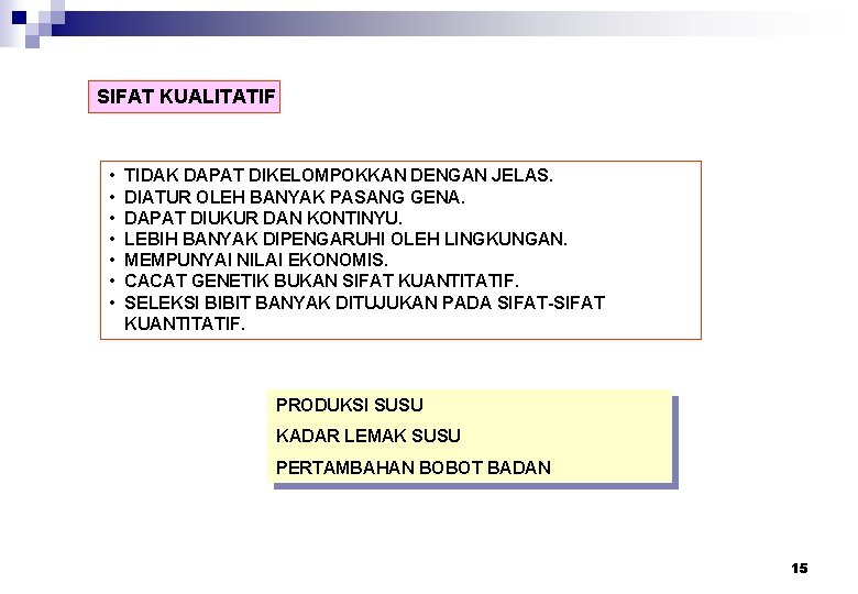 SIFAT KUALITATIF • • TIDAK DAPAT DIKELOMPOKKAN DENGAN JELAS. DIATUR OLEH BANYAK PASANG GENA.