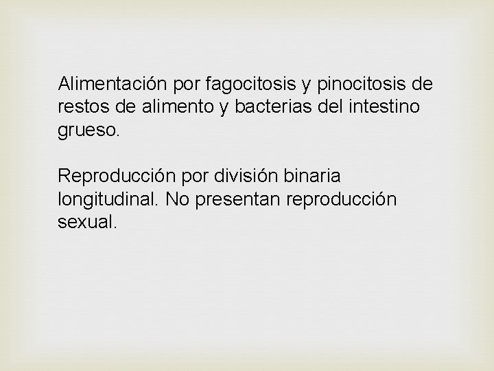 Alimentación por fagocitosis y pinocitosis de restos de alimento y bacterias del intestino grueso.