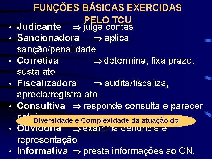  • • FUNÇÕES BÁSICAS EXERCIDAS PELO TCU Judicante julga contas Sancionadora aplica sanção/penalidade