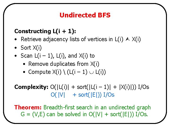 Undirected BFS Constructing L(i + 1): • Retrieve adjacency lists of vertices in L(i)