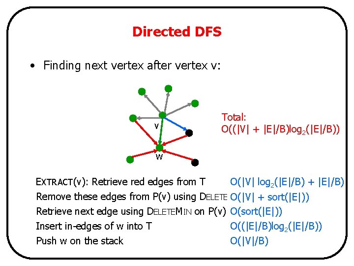 Directed DFS • Finding next vertex after vertex v: v Total: O((|V| + |E|/B)log