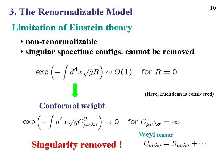 10 3. The Renormalizable Model Limitation of Einstein theory • non-renormalizable • singular spacetime