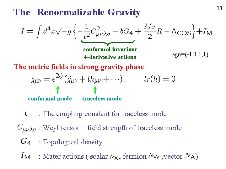 11 The　Renormalizable Gravity conformal invariant 4 -derivative actions sgn=(-1, 1, 1, 1) The metric