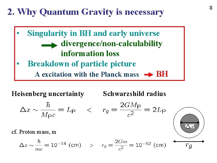 2. Why Quantum Gravity is necessary • Singularity in BH and early universe divergence/non-calculability