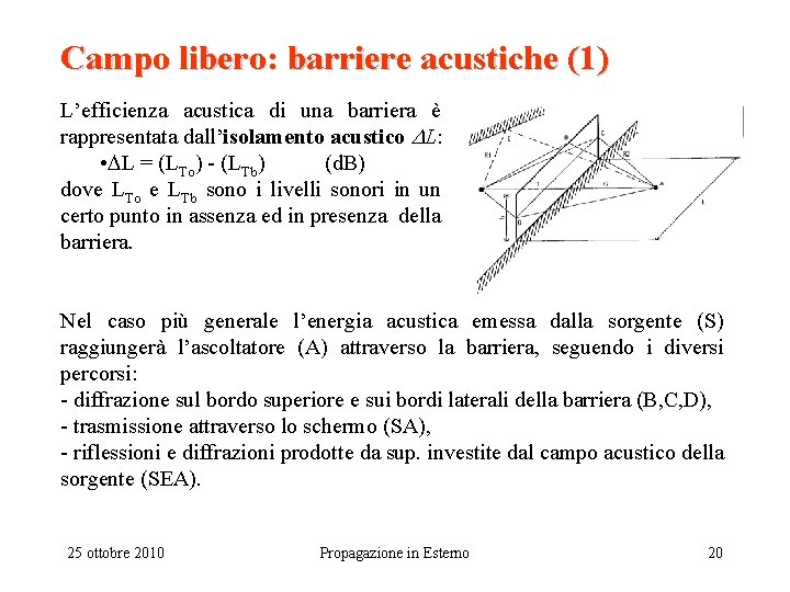 Campo libero: barriere acustiche (1) L’efficienza acustica di una barriera è rappresentata dall’isolamento acustico