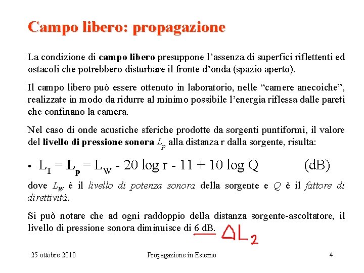 Campo libero: propagazione La condizione di campo libero presuppone l’assenza di superfici riflettenti ed