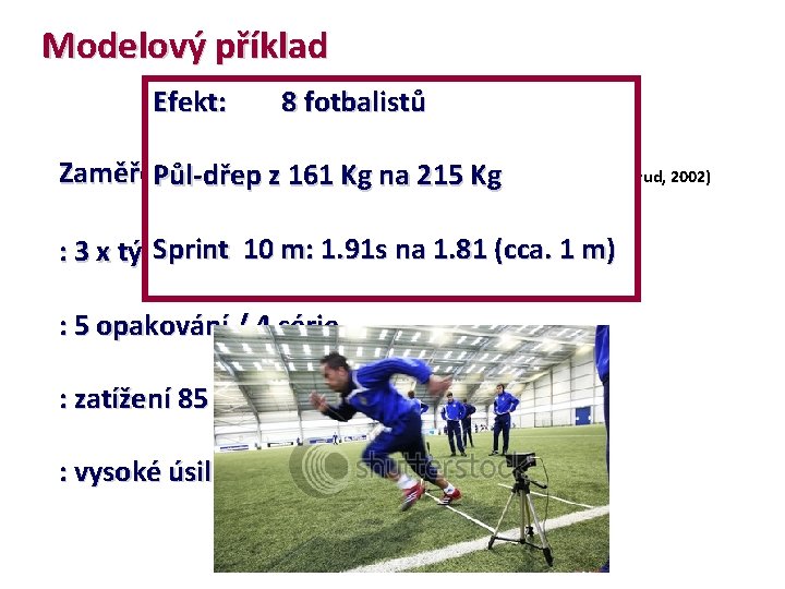 Modelový příklad Efekt: 8 fotbalistů Zaměření: neuromuskulární adaptace Půl-dřep z 161 Kg na 215