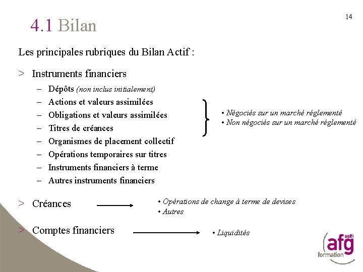 14 4. 1 Bilan Les principales rubriques du Bilan Actif : > Instruments financiers