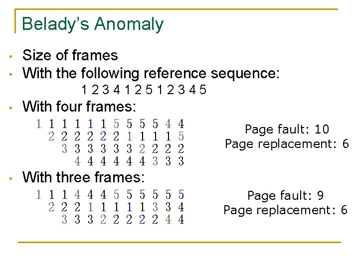 Belady’s Anomaly • • Size of frames With the following reference sequence: 123412512345 •