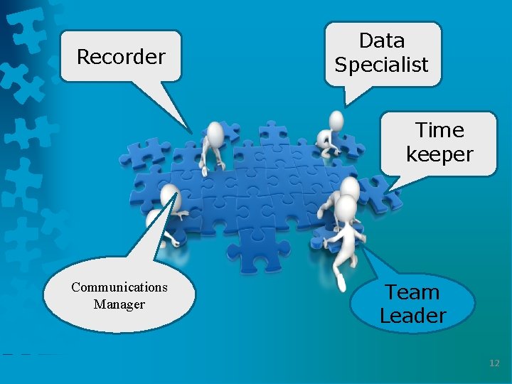 Recorder Data Specialist Time keeper Communications Manager Team Leader 12 