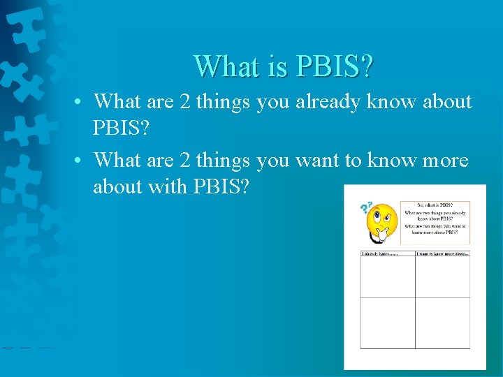 What is PBIS? • What are 2 things you already know about PBIS? •