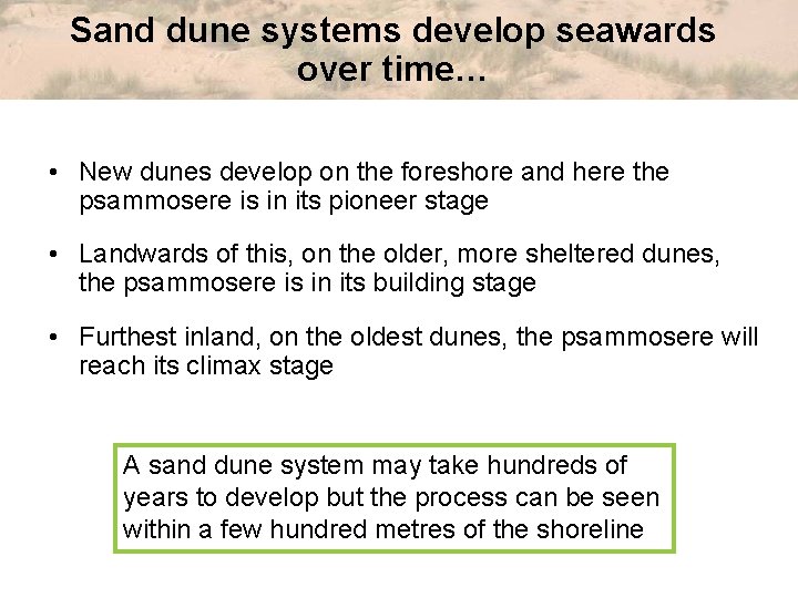 Sand dune systems develop seawards over time… • New dunes develop on the foreshore