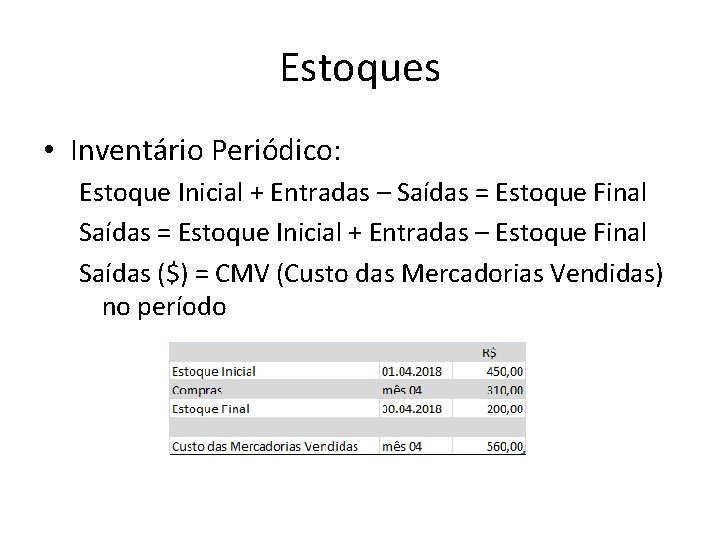 Estoques • Inventário Periódico: Estoque Inicial + Entradas – Saídas = Estoque Final Saídas