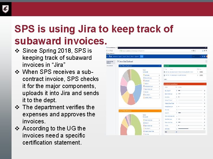 SPS is using Jira to keep track of subaward invoices. v Since Spring 2018,