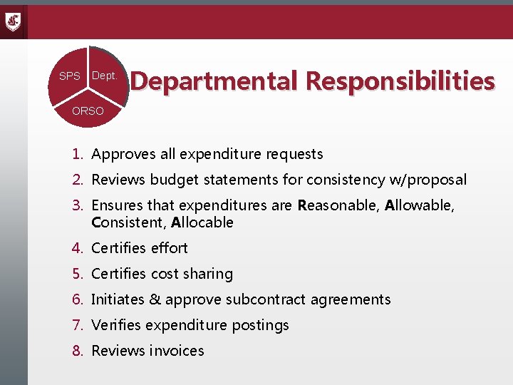 SPS Dept. Departmental Responsibilities ORSO 1. Approves all expenditure requests 2. Reviews budget statements