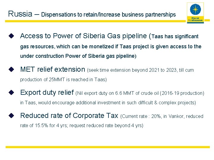 Russia – Dispensations to retain/Increase business partnerships Access to Power of Siberia Gas pipeline