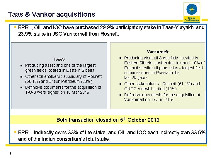 Taas & Vankor acquisitions § BPRL, OIL and IOC have purchased 29. 9% participatory