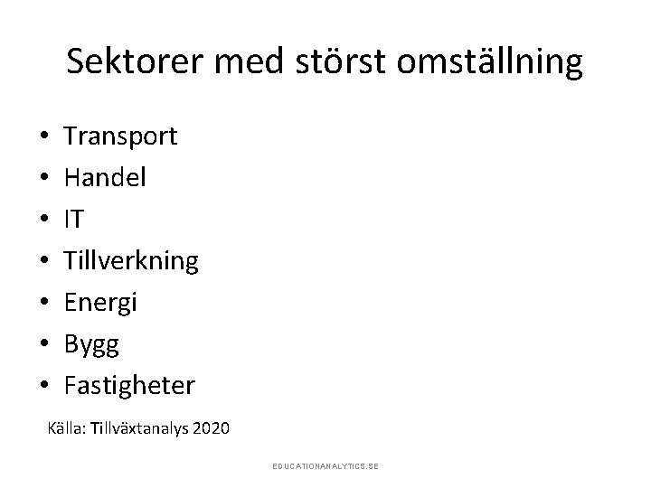 Sektorer med störst omställning • • Transport Handel IT Tillverkning Energi Bygg Fastigheter Källa: