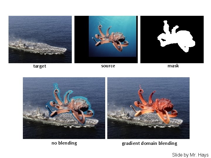 source target no blending mask gradient domain blending Slide by Mr. Hays 