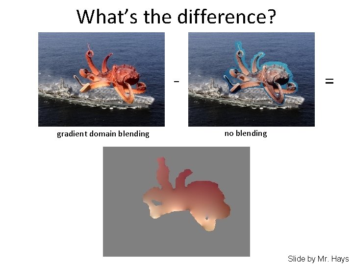 What’s the difference? gradient domain blending = no blending Slide by Mr. Hays 