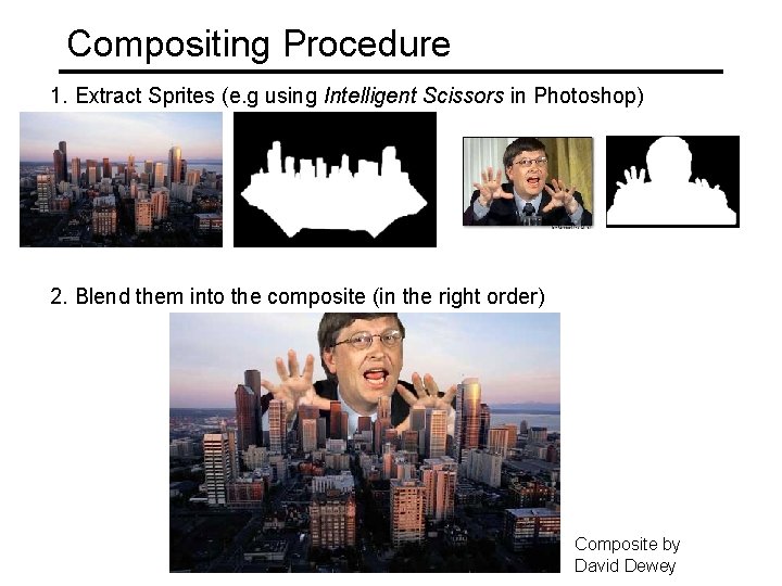 Compositing Procedure 1. Extract Sprites (e. g using Intelligent Scissors in Photoshop) 2. Blend