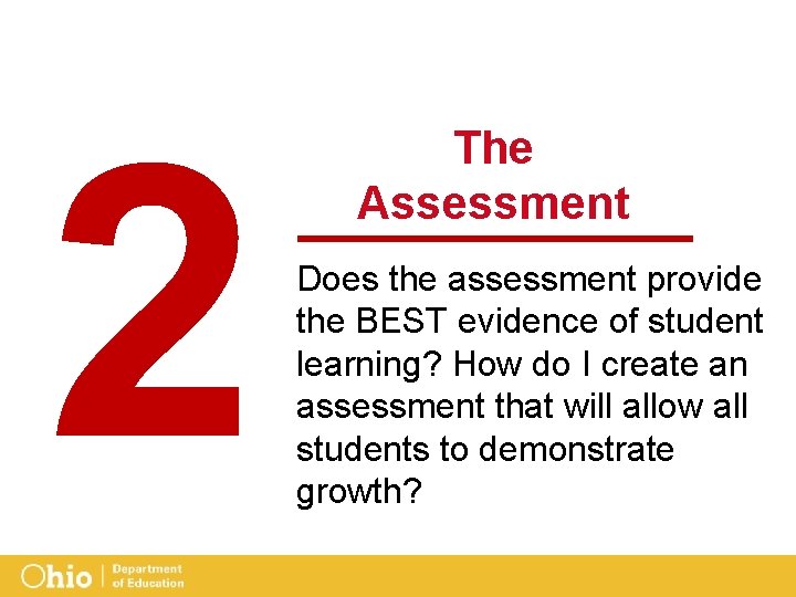 2 The Assessment Does the assessment provide the BEST evidence of student learning? How