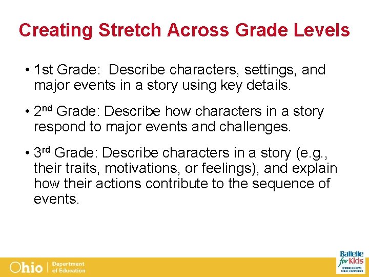 Creating Stretch Across Grade Levels • 1 st Grade: Describe characters, settings, and major