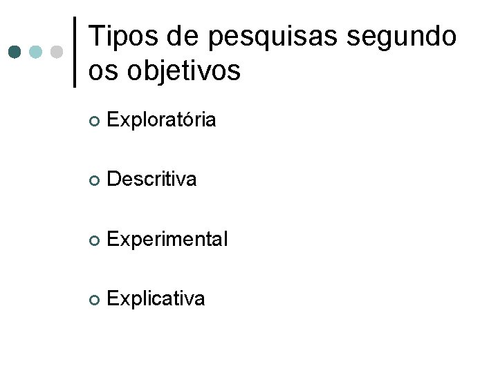 Tipos de pesquisas segundo os objetivos ¢ Exploratória ¢ Descritiva ¢ Experimental ¢ Explicativa