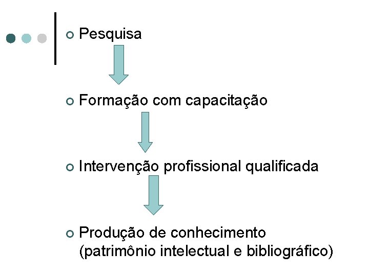 ¢ Pesquisa ¢ Formação com capacitação ¢ Intervenção profissional qualificada ¢ Produção de conhecimento
