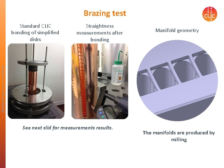 Brazing test Straightness measurements after bonding Manifold geometry Accelerating Structures Review Standard CLIC bonding