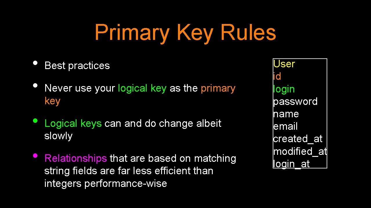 Primary Key Rules • • Best practices Never use your logical key as the