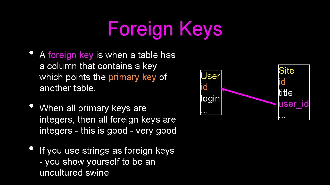 Foreign Keys • • • A foreign key is when a table has a