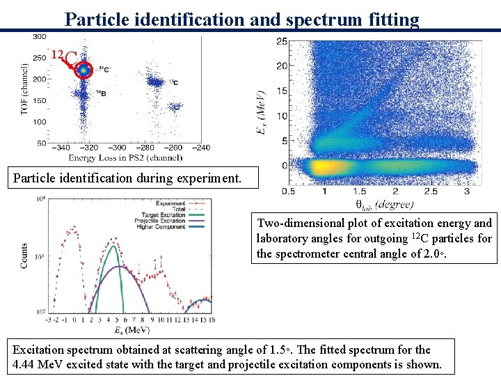 Particle identification and spectrum fitting 12 C Particle identification during experiment. Two-dimensional plot of