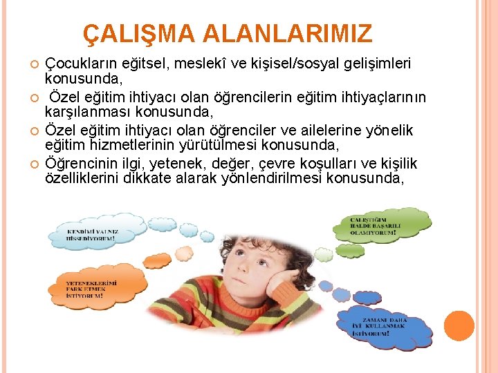 ÇALIŞMA ALANLARIMIZ Çocukların eğitsel, meslekî ve kişisel/sosyal gelişimleri konusunda, Özel eğitim ihtiyacı olan öğrencilerin