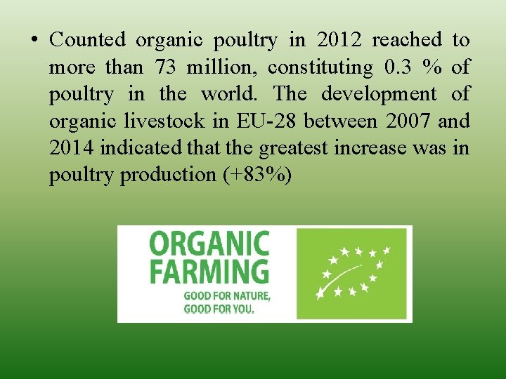  • Counted organic poultry in 2012 reached to more than 73 million, constituting