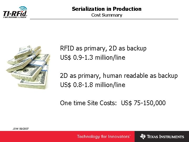 Serialization in Production Cost Summary RFID as primary, 2 D as backup US$ 0.