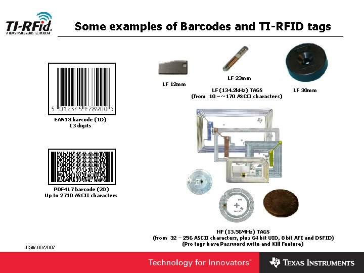 Some examples of Barcodes and TI-RFID tags LF 12 mm LF 23 mm LF
